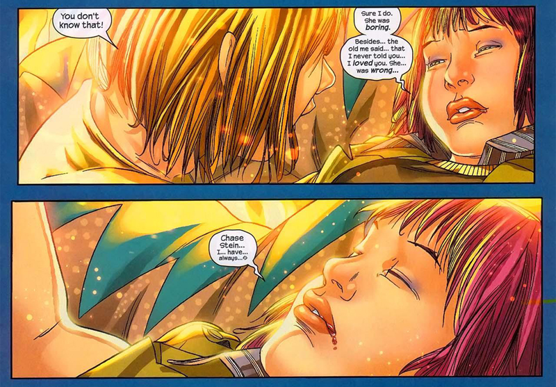 Runaways #18 art by Adrian Alphona, Craig Yeung, and Christina Strain.